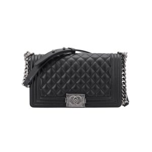 CHANEL Leboy Distressed Silver Buckle Diamond Check Double C Logo Calf Leather One Shoulder Crossbody Bag Medium Unisex Black