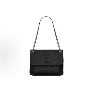 SAINT LAURENT YSL Niki Silver Chain Black Logo Vintage Pleats Wandering Bag Crossbody Shoulder Bag Medium Black