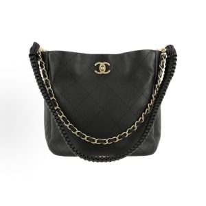 CHANEL 23A hippie bag leather chain rhombus plaid calfskin with gold metal shoulder bag medium black