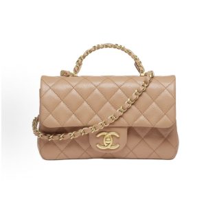 CHANEL Classic Flap CF 25B Chain Design Grain-embossed Shiny Calfskin Gold Metal Tote Bag Mini Camel