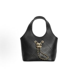 CHANEL 26P Double C LOGO Diamond Plaid Calf Leather Gold Metal Shopping Bag Tote Small Black