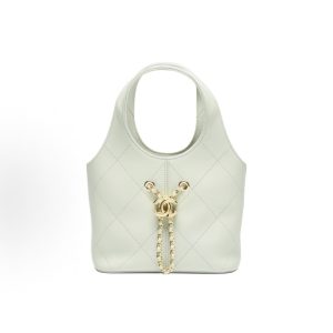 CHANEL 26P Double C Logo Leather Chain Diamond Check Design Calfskin Gold Metal Tote Bag Small Women's White