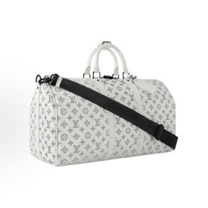 LOUIS VUITTON keepall 50 Detachable Adjustable Shoulder Strap Monogram Print One Shoulder Crossbody Travel Bag White Patched Navy