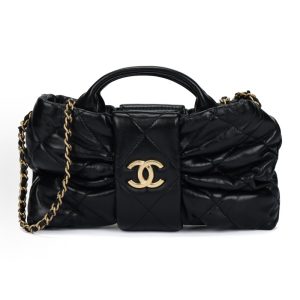 CHANEL 25K Brand Logo Bow Bag Sheepskin Vintage Gold Chain Tote Bag Mini Black