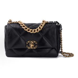 CHANEL 19Bag 21C Distressed Rhombus Design Leather Chain Shoulder Strap Flap Bag Tote Shoulder Crossbody Bag Small Women's Black