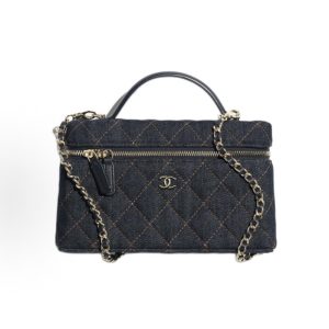 CHANEL 26P Classic Chain Double C Logo Diamond Plaid Leather Chain Gold Buckle Box Bag Crossbody Handbag Women's Dark Blue Orange