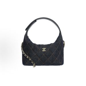 CHANEL 26P Gold Label Double C Logo Diamond Plaid One Shoulder Handbag Women's Dark Blue Orange