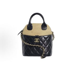 CHANEL 25A diamond plaid leather chain on one shoulder Suede gold hardware Tote bag Women's black beige