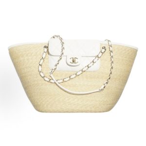 CHANEL 26C Gold Label Double C Logo Leather Chain Braided Design Fabric Material: Gold Hardware Tote Bag Tote Bag Shopping Bag Handbag Large Off-White
