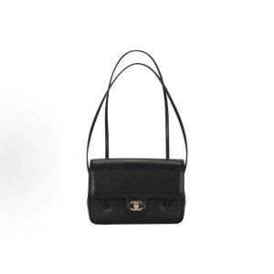 CHANEL 26P Distressed Double C Logo Double Shoulder Strap Design Granulated Glossy Calfskin Patched Gold Metal Flap Bag Shoulder Bag Small Women's Style