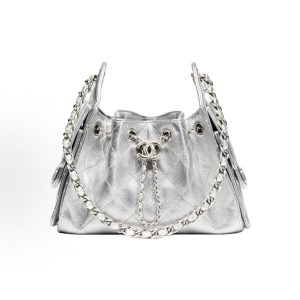 CHANEL 25Bag 26C Silver Label Double C Logo Diamond Quilted Leather Chain Hippie Bag Shoulder Bag Mini Silver