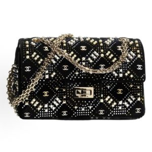 CHANEL Velvet Crystal Pearl Double C Logo Metal Flap One Shoulder Crossbody Bag Mini Black