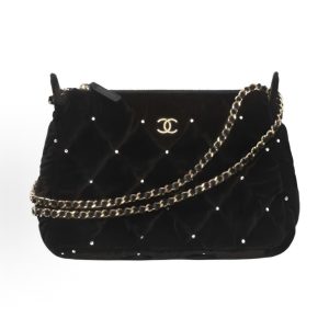 CHANEL 25K brand logo Velvet clutch women's black
