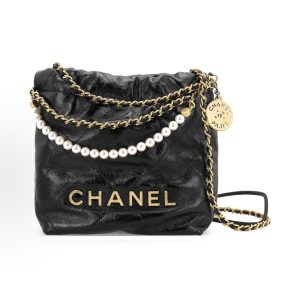 CHANEL 23S 22bag Drawstring Closure Rhombus Pearl Chain Leather Chain Chain Wrinkles Shiny Pleated Calfskin Crystal Pearl with Gold Tone Metal Bucket Bag Shoulder Crossbody Bag Mini