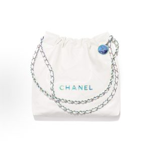 CHANEL 22Bag 24C Pre-Spring Getaway Alphabet Logo Rhombus Leather Chain Tote Shoulder Bag Small Regular White