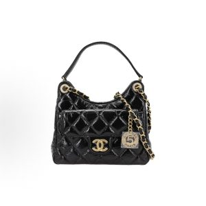 CHANEL HOBO 23B Pleated Rhombus Leather Chain Vintage Gold Chain in Cowhide Tote Bag Small Black