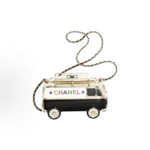 CHANEL 24C Pre-Spring Getaway Leather Chain Letter Logo Van Shape Plexiglass Enamel Rhinestone Dinner Bag Shoulder Bag Regular Black and White Gold Mixed Colors