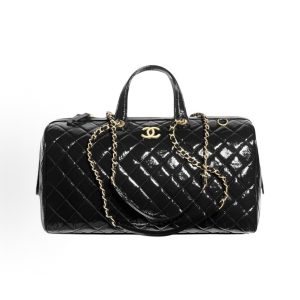 CHANEL 2024/25A diamond-shaped leather chain double C LOGO bowling bag travel bag in black