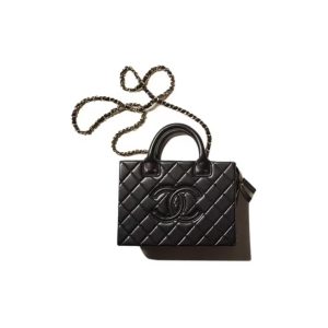 CHANEL Vintage Leather Chain Chain Rhombus Calf Leather Handle Makeup Bag Large Black