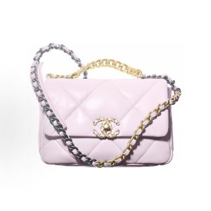 CHANEL 19Bag Silver color-blocked metal rhombus leather chain-through chain Flap bag crossbody bag Small Pink