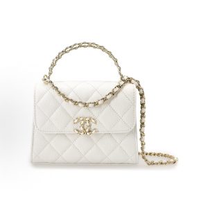 CHANEL Spring/Summer 23P Kelly Rhombus Cut-out Handle Particle Embossed Shiny Grain Flap Bag Clutch Shoulder Crossbody Tote Bag White