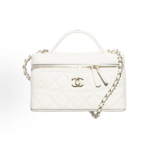 CHANEL 26C Gold Buckle Diamond Check Quilted Double C Lock Leather Chain Cosmetic Bag Crossbody Tote Bag White