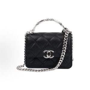CHANEL Spring/Summer 22SS Enamel Handle Flap Silver Buckle Rhombus One Shoulder Crossbody Tote Mini Black