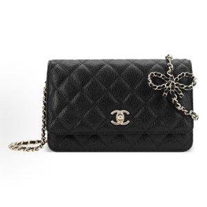 CHANEL Gold Buckle Diamond Bow Leather Chain Grained Lychee One Shoulder Crossbody Purse Black