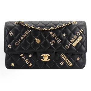 CHANEL Classic Flap CF Gold buckle chain diamond plaid leather chain strap One shoulder crossbody bag black