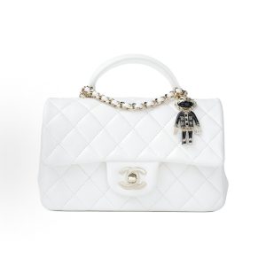 CHANEL Classic Flap CF 22P Lion Pendant Diamond Leather Chain Chain Shoulder Strap Flap Closure Tote Shoulder Crossbody Bag Mini White