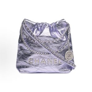 CHANEL 25C 22Bag Brand logo Metallic drawstring closure Leather chain Diamond plaid One shoulder tote mini lilac