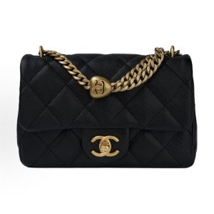 CHANEL Spring/Summer 23P Love Gold Ball Gold Chain Gold Buckle Diamond Plaid Granulated Embossed Cowhide Flap Bag Shoulder Crossbody Bag Small Women's Black