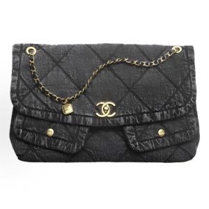 CHANEL Maxi 25K Double C Logo Rhombus Leather Chain Denim Gold Hardware Flap Bag Shoulder Bag Women's Black