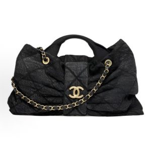 CHANEL 25K bow design with golden logo washed denim single-shoulder handbag black for women