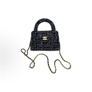 CHANEL 24P Spring/Summer Kelly Gold label chain with handle leather chain tweed woven woolen single-shoulder crossbody handbag mini women's black and white