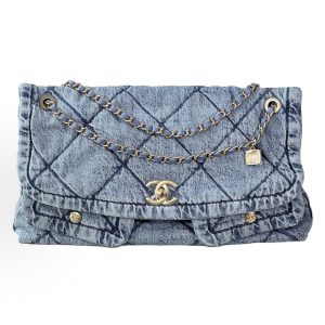 CHANEL Double C Logo Diamond Plaid Leather Chain Denim Shoulder Bag Women's Light Blue