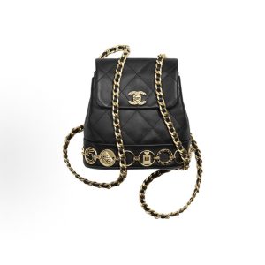CHANEL 23B Gold Buckle Rhombus Leather Chain Cowhide Gold Hardware Backpack Backpack Women's Black