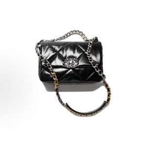 CHANEL Fall/Winter 22K 19Bag Brand Logo Chain Leather Chain Diamond Check Calf Leather Handbag Shoulder Crossbody Bag Medium Women's Black