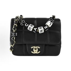CHANEL Pre-Spring 23C Gold Buckle Resin Black & White Square Chain Shoulder Strap Leather Chain Lambskin Flap Bag Crossbody Shoulder Bag Mini Women's Black