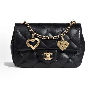 CHANEL Classic Flap CF 22B Love Charm Chain Shoulder Strap Flap Closure Leather Chain Rhombic Plaid Sheepskin Crossbody Mini Women's Black