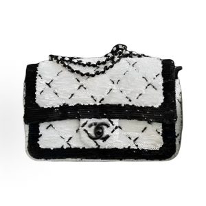 CHANEL 24P Spring/Summer CF Chain Leather Chain Crossbody Woven Tweed Handbag Small Women's Black White
