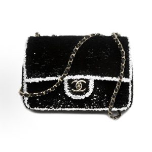 CHANEL 25K Double C Logo Flap Bag Sequin Metal Crossbody Shoulder Bag Women's Black Patch White