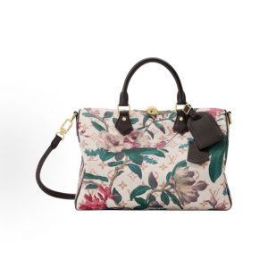 LOUIS VUITTON SPEEDY SOFT 30 Floral Pattern Double Zipper Closure Detachable Shoulder Strap Crossbody Tote Bag White Spelled Green